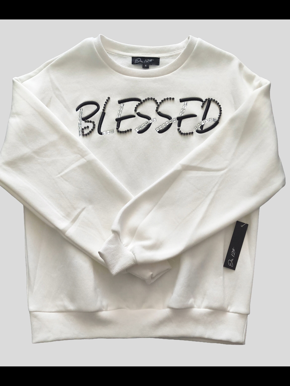 'Blessed' Embellished White Crewneck Sweater for Women